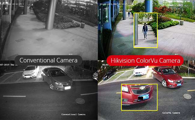 Official Hikvision comparison of conventional infrared CCTV and ColorVu full-colour night imaging