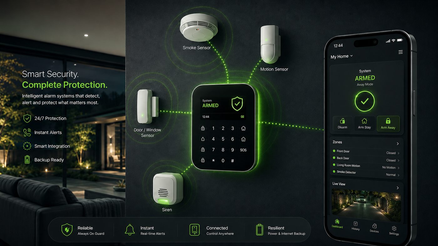 Smart alarm system with sensors, keypad and phone control