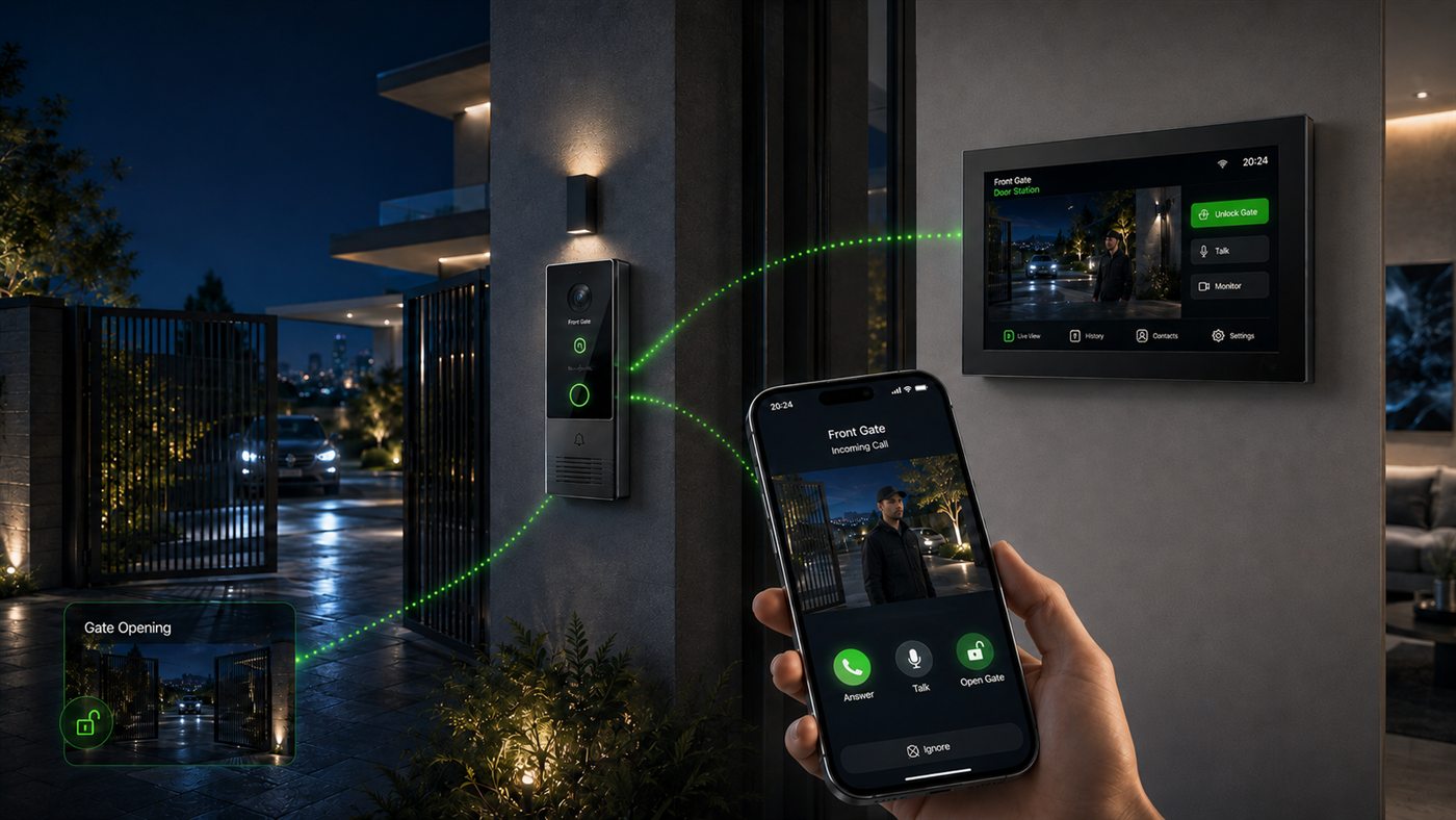 Smart video intercom with indoor touchscreen, phone answering and gate release